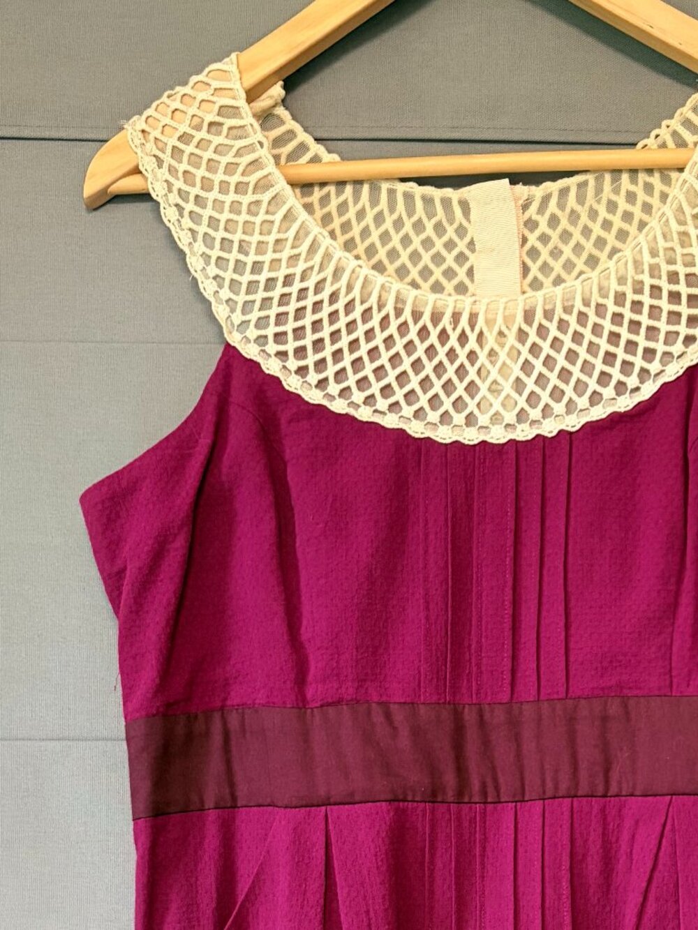 Anthropologie Floreat Burgundy Dress Crochet Collar Pleated Midi